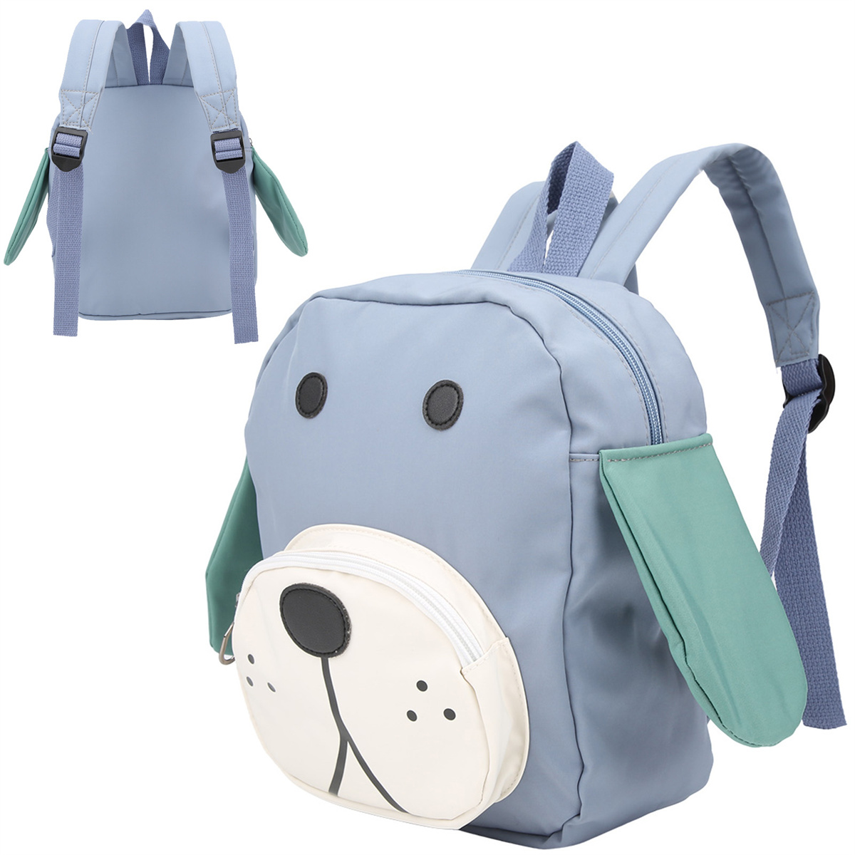 Blauer, hundeförmiger Rucksack für Kinder. Hat ein weißes Gesicht, grüne Ohren und blaue Träger.