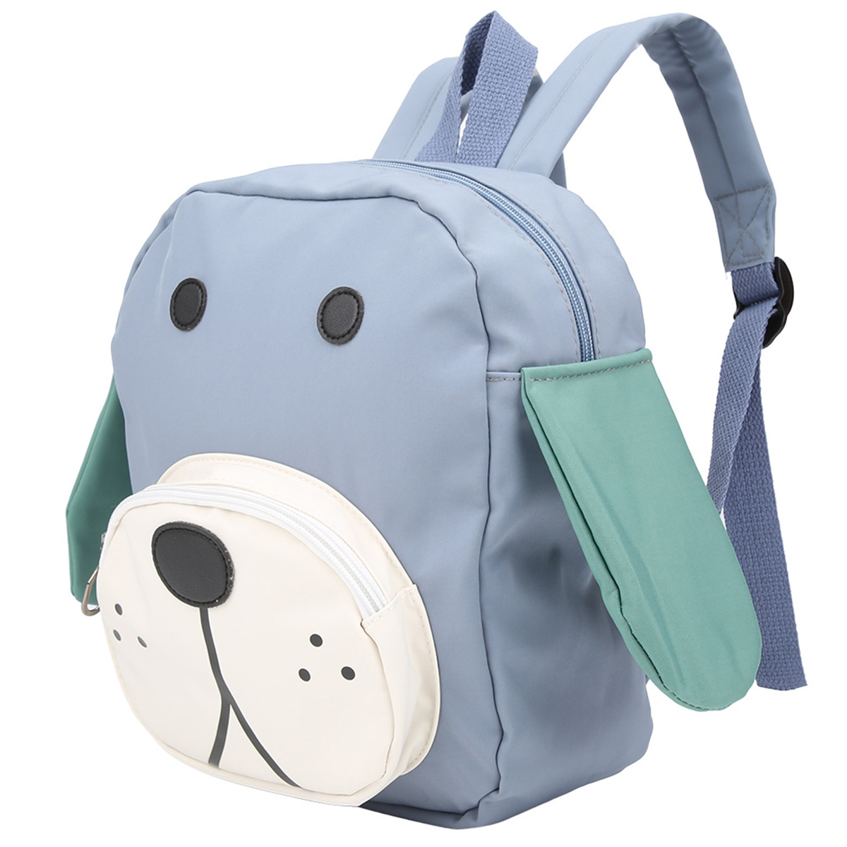 Blauer rucksack in Hundeform. Es hat ein weißes Gesicht mit Reißverschlusstasche und grüne Ohren.