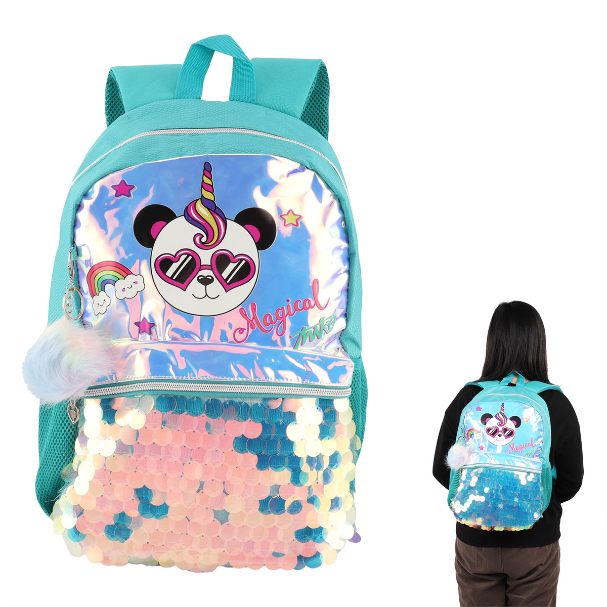 Ein türkisfarbener Rucksack mit einem Panda-Einhorn-Design, ein Mädchen mit einem ähnlichen Rucksack.