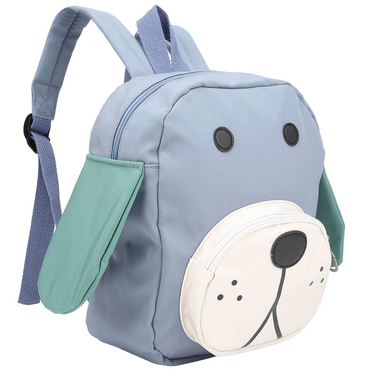 Hellblauer Rucksack in Hundeform mit weißem Gesicht, grünen Ohren und hellblauem Riemen.