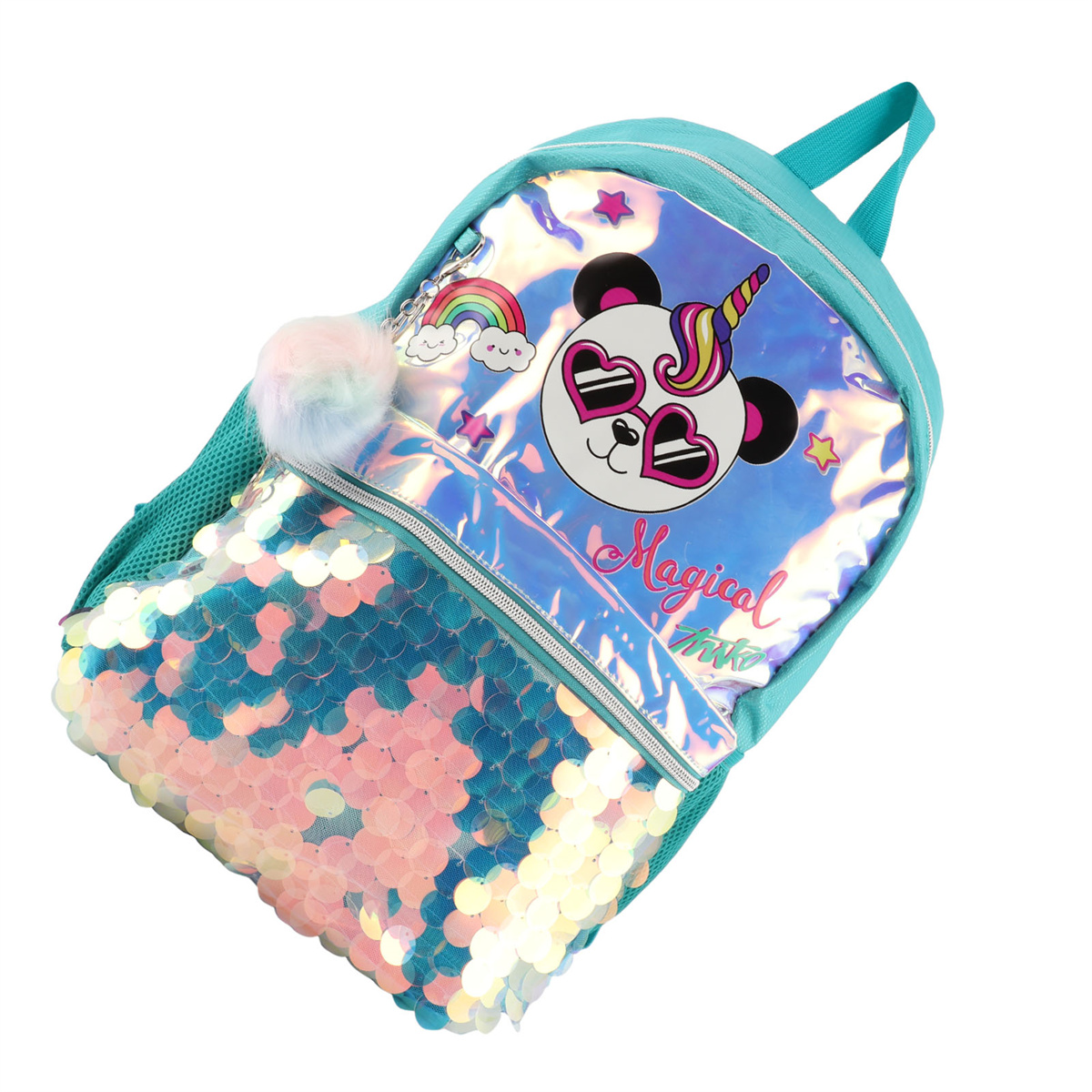 Ein bunter Rucksack mit Pailletten und einem Einhorn-Panda-Design.