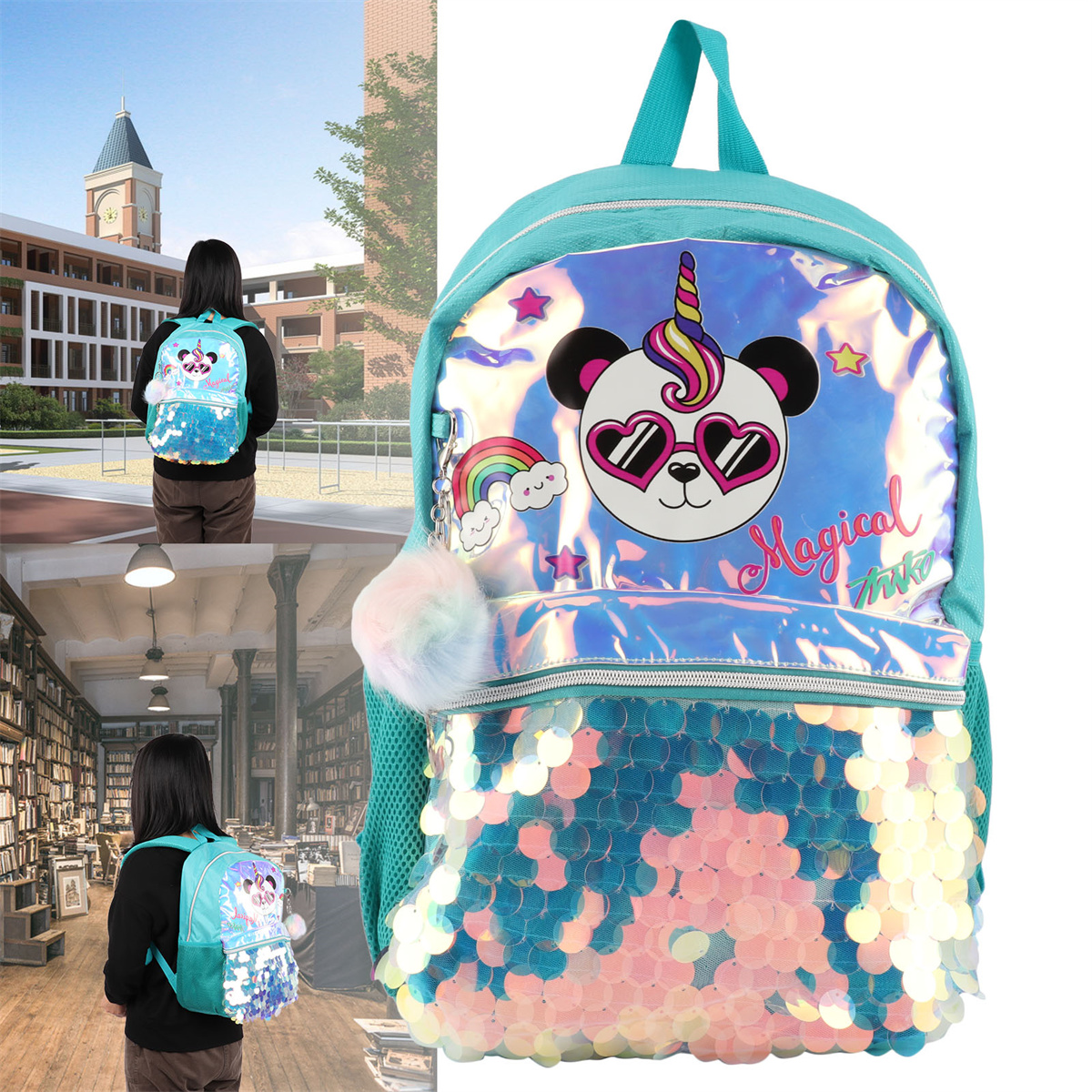 Rucksack mit Panda-Einhorn-Design und Pailletten. Ein Mädchen trägt ihn in verschiedenen Umgebungen.
