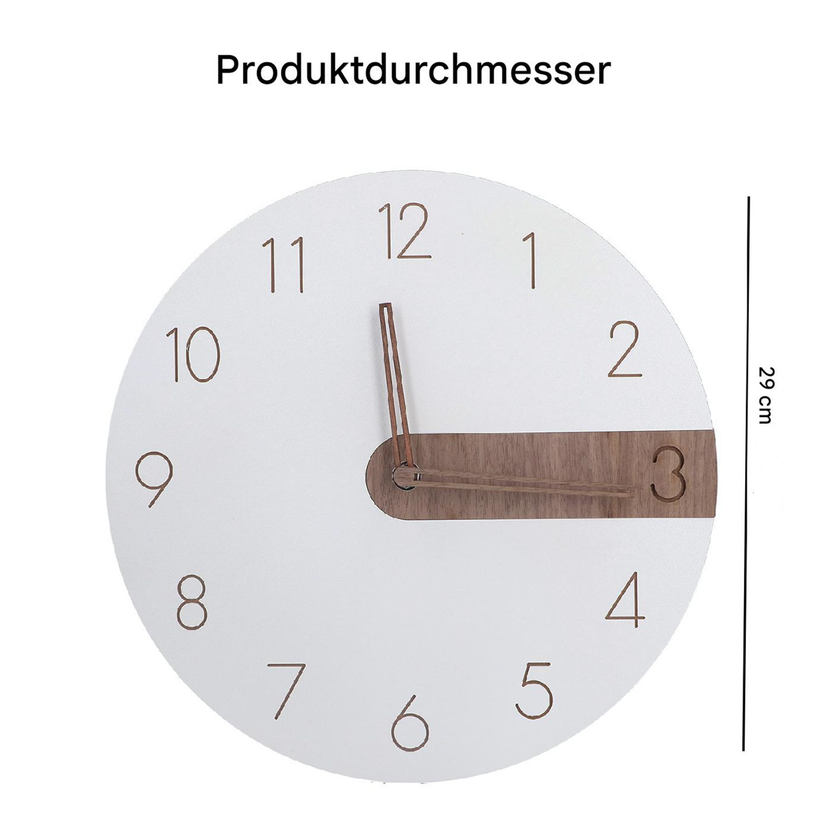 Weiße Uhr mit Holzakzenten.