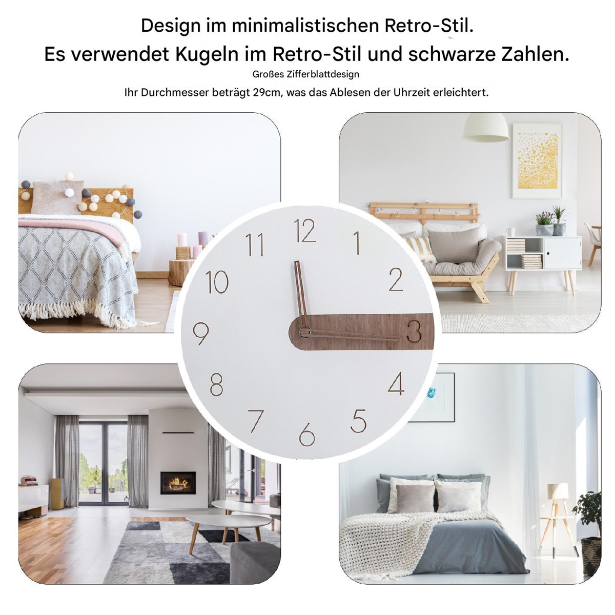 Ziffernblatt im Retro-Stil, vier Raumbilder drumherum. Die Uhr hat braunen Zeiger und rote Zahlen.