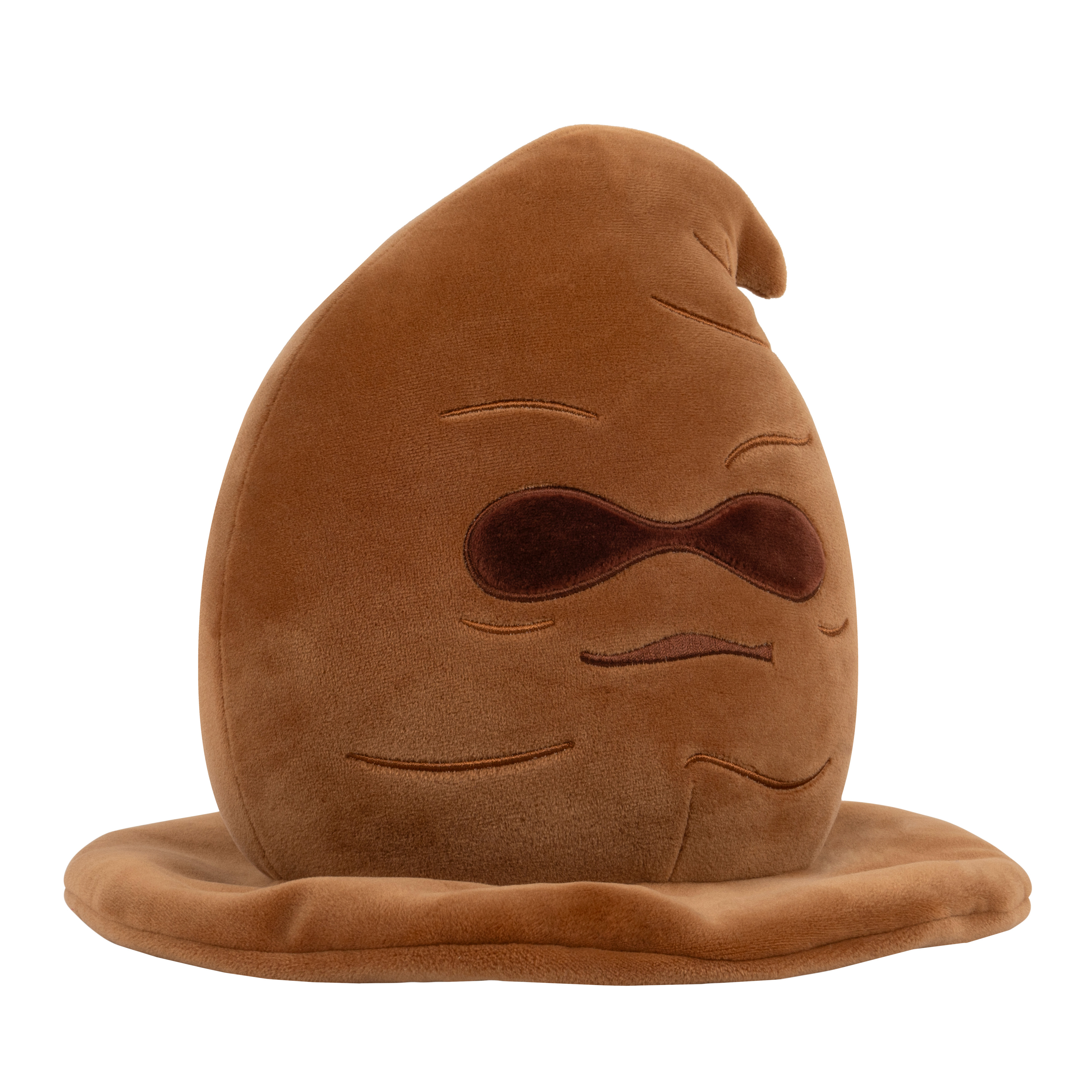 Une peluche marron du Choixpeau magique avec des détails cousus et un visage souriant, sur fond blanc.