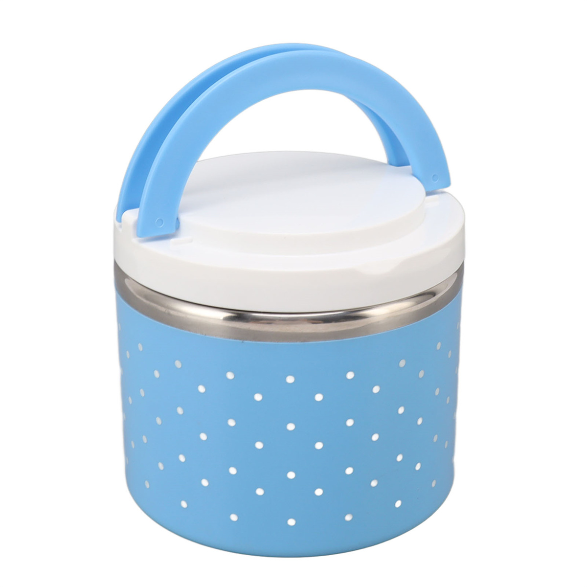 Blaue und weiße Lunchbox mit Polka Dots, blauem Griff, weißem Deckel und silbernem Band.
