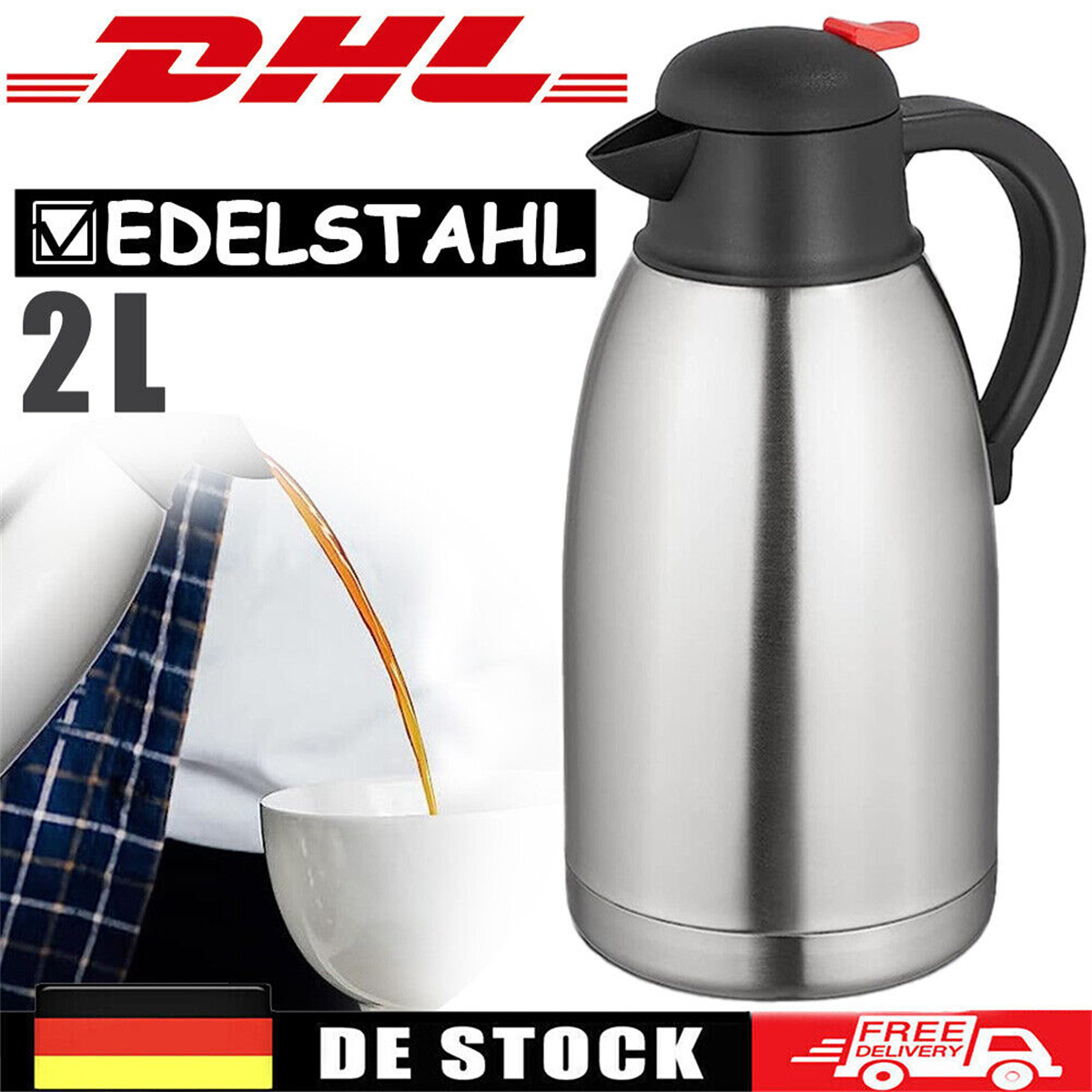 Edelstahl-Thermoskanne, die Flüssigkeit in eine weiße Tasse gießt. DHL-Logo und Text sind sichtbar.