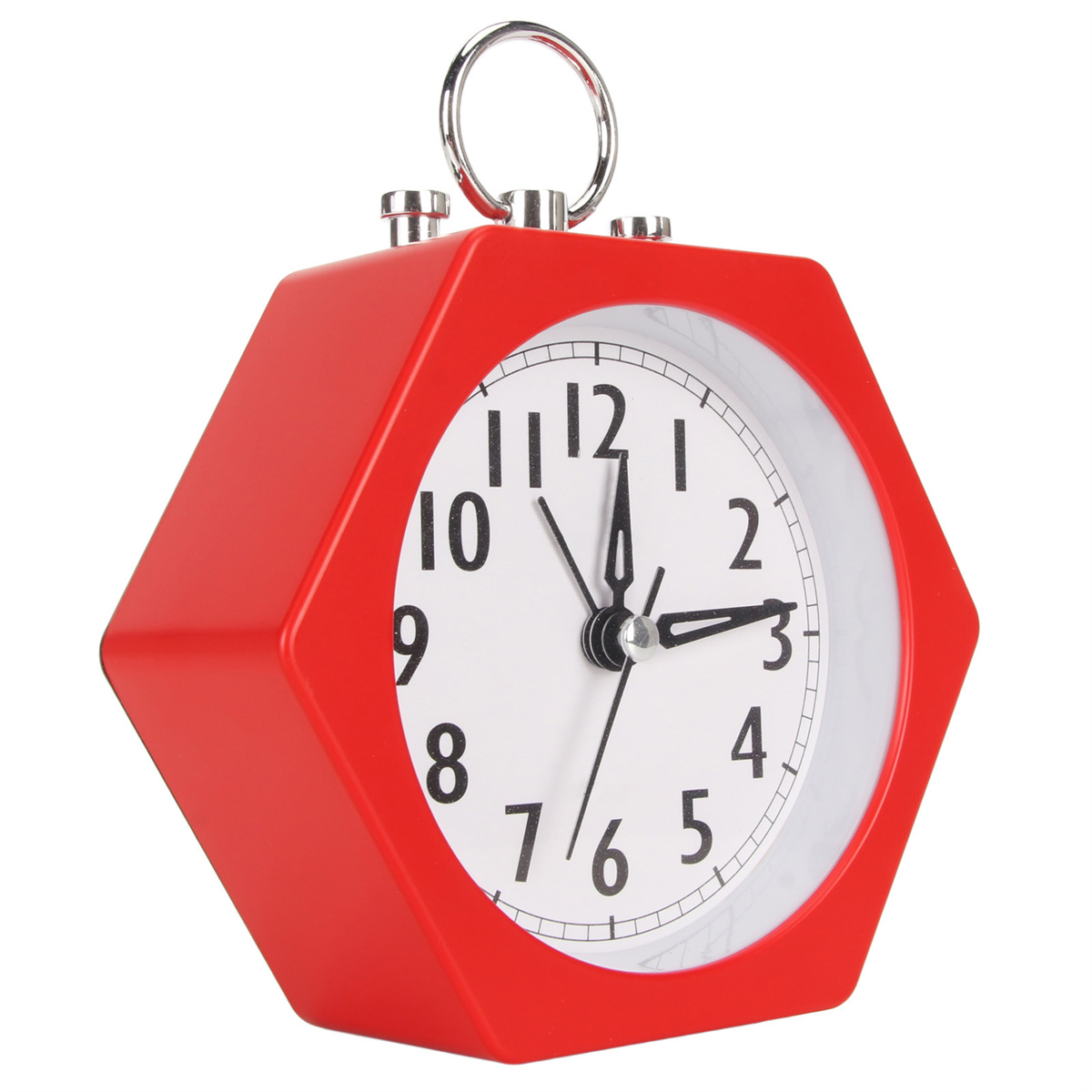 Roter sechseckiger Wecker mit weißem Zifferblatt. Die Uhr zeigt die Zeit 2:13 Uhr.