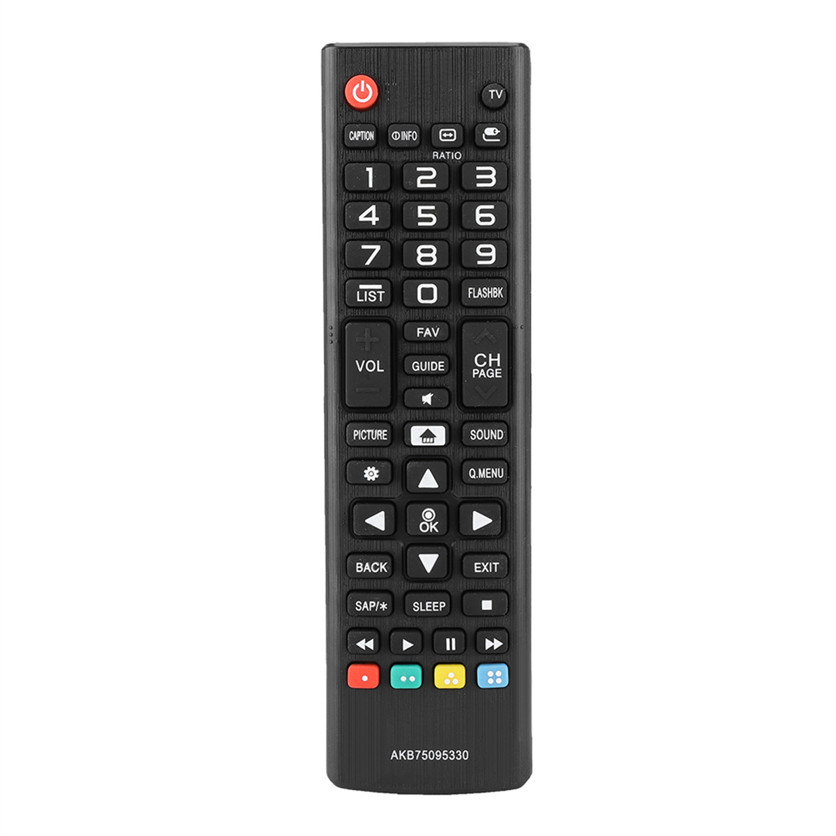 Schwarze TV-Fernbedienung mit zahlreichen Tasten. Text auf der Fernbedienung: AKB75095330.