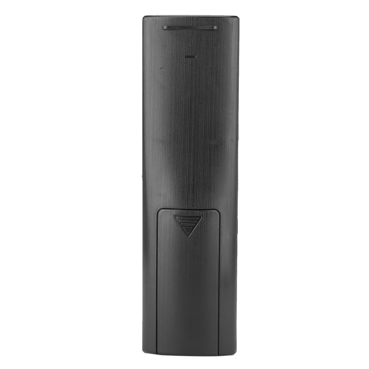 Schwarze Fernbedienung mit strukturierter Oberfläche. Zeigt ein Batteriefach und einen kleinen Knopf oben.
