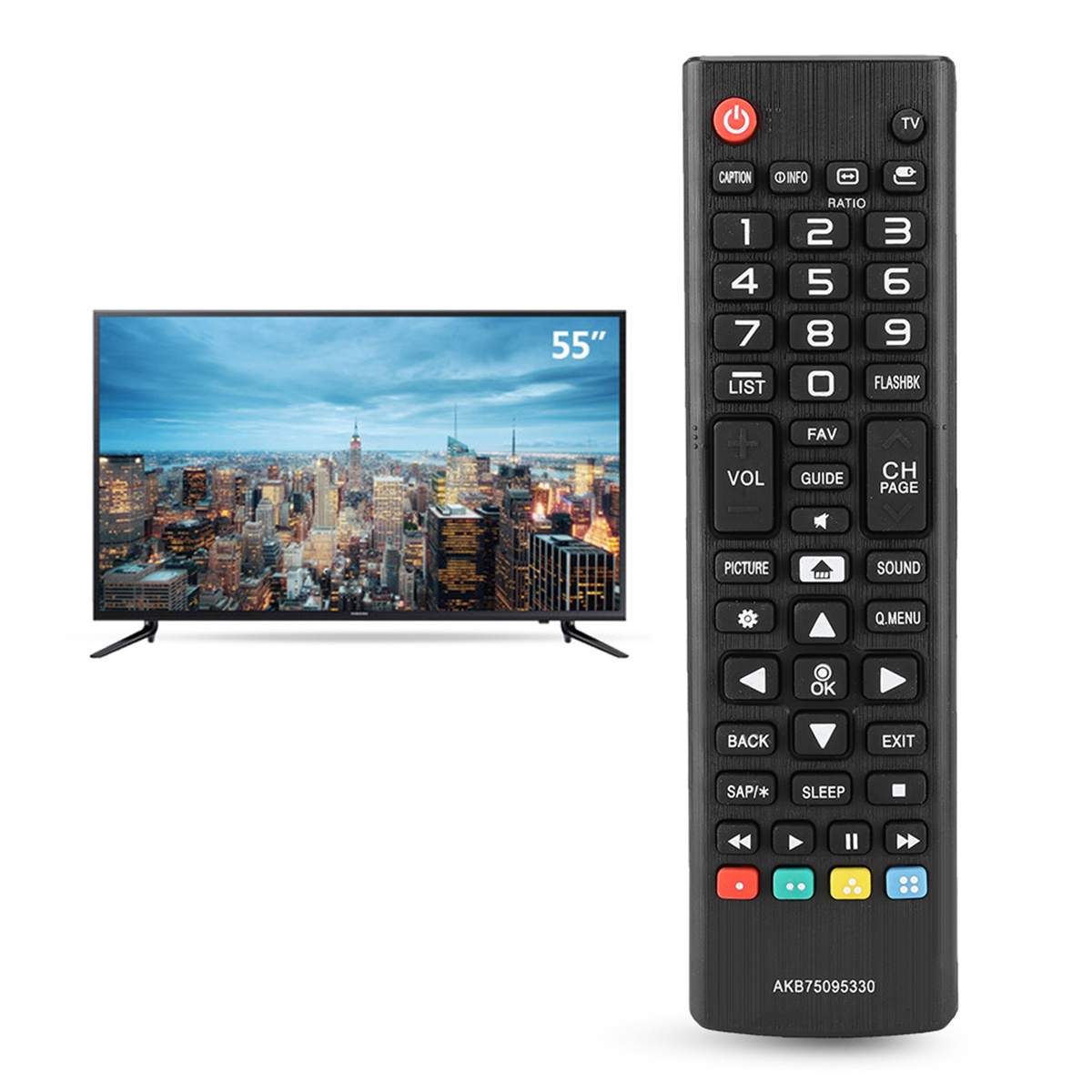 Ein 55-Zoll-Fernseher und Fernbedienung. Der Fernseher zeigt eine Stadtlandschaft.