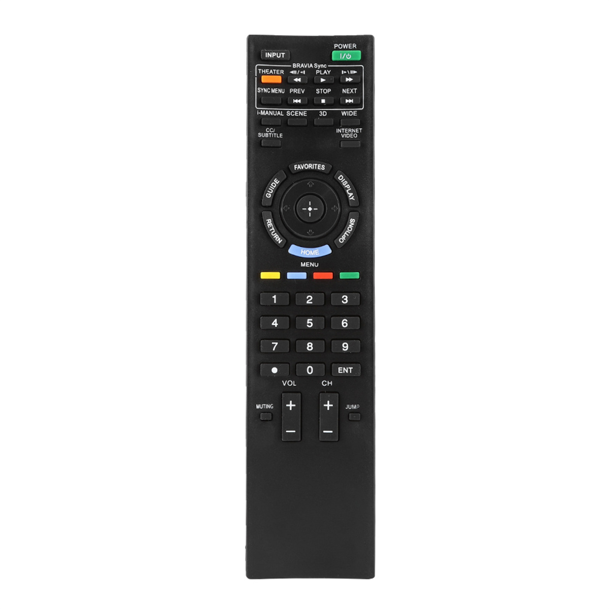 Schwarze Fernbedienung mit Tasten für TV-Funktionen.