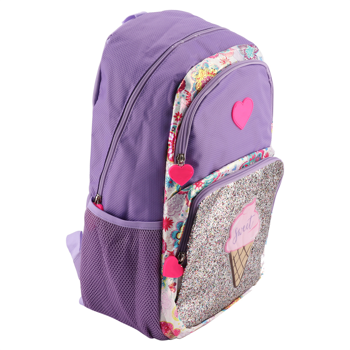 Ein lila Rucksack mit floralen und Glitzerdetails. Der Rucksack hat ein Herz und eine Eistüte.