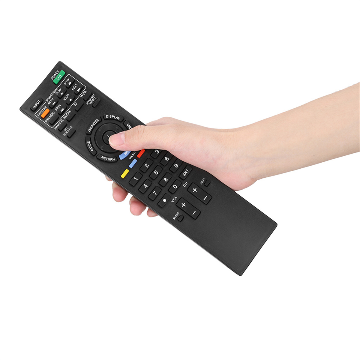 Hand hält eine schwarze TV-Fernbedienung. Knöpfe sind mit verschiedenen Funktionen beschriftet.