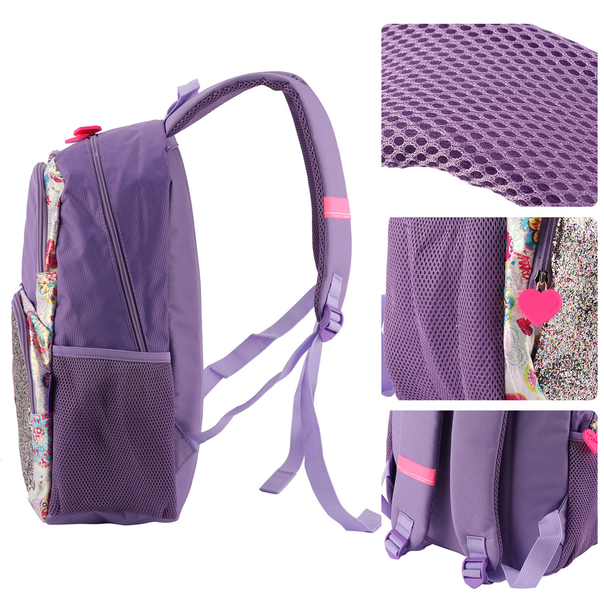 Lila Rucksack mit Detailansichten von Mesh und pinken Akzenten. Reißverschluss und Träger sichtbar.