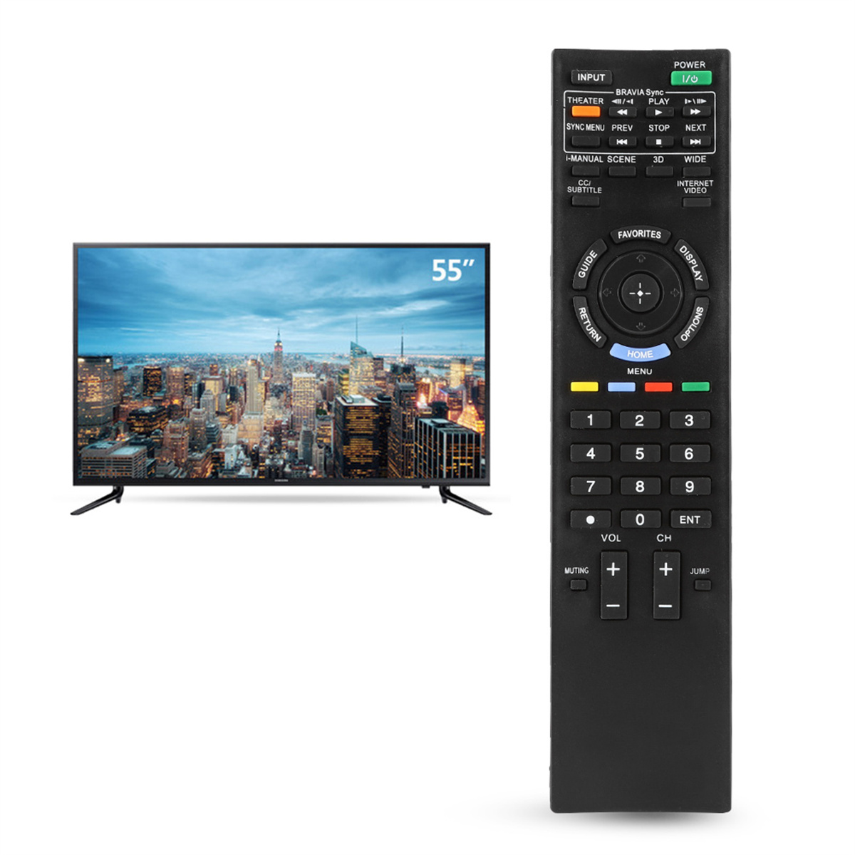 Ein 55-Zoll-Fernseher und eine schwarze Fernbedienung werden auf weißem Hintergrund gezeigt.