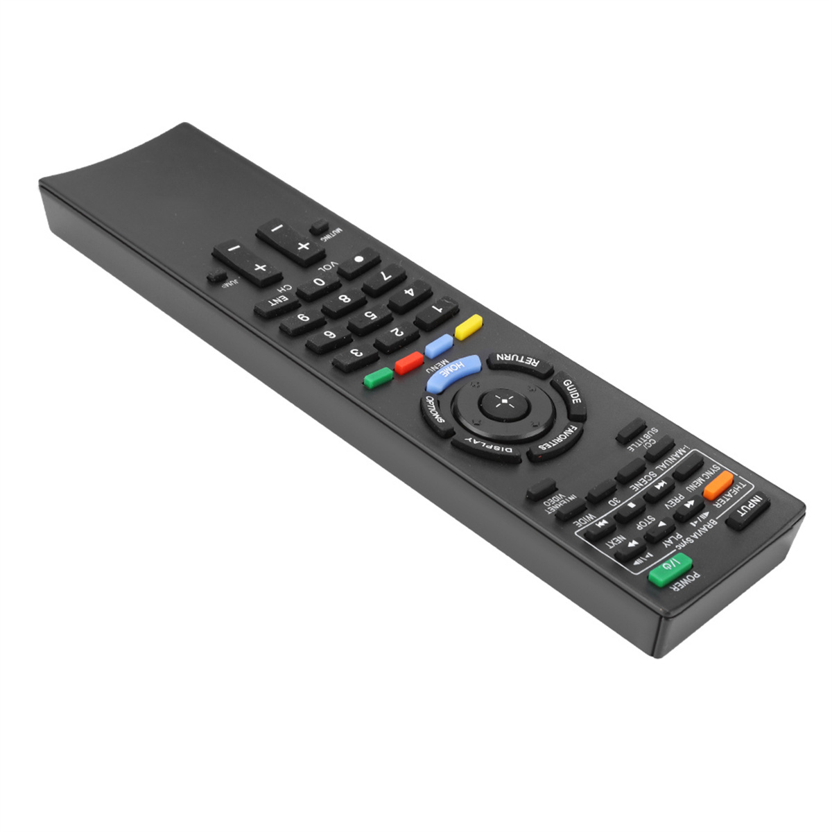 Schwarze TV-Fernbedienung mit mehreren Tasten auf weißem Hintergrund.
