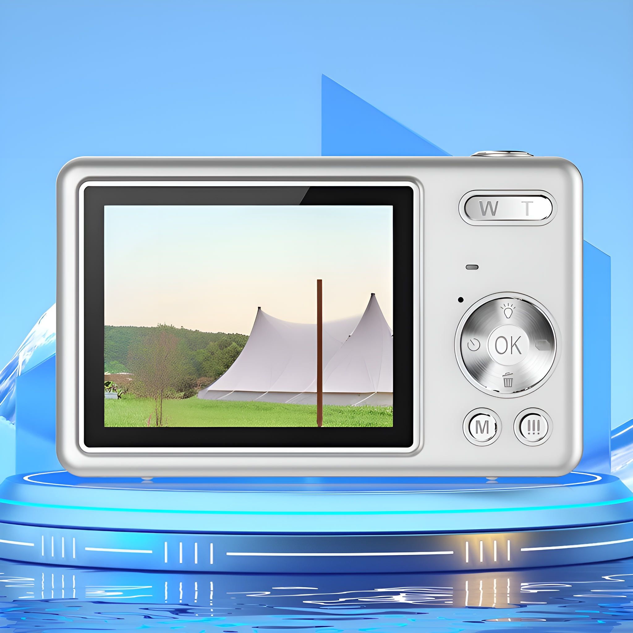 Eine weiße Digitalkamera auf blauem Sockel. Der Bildschirm zeigt eine Landschaft mit weißen Zelten.