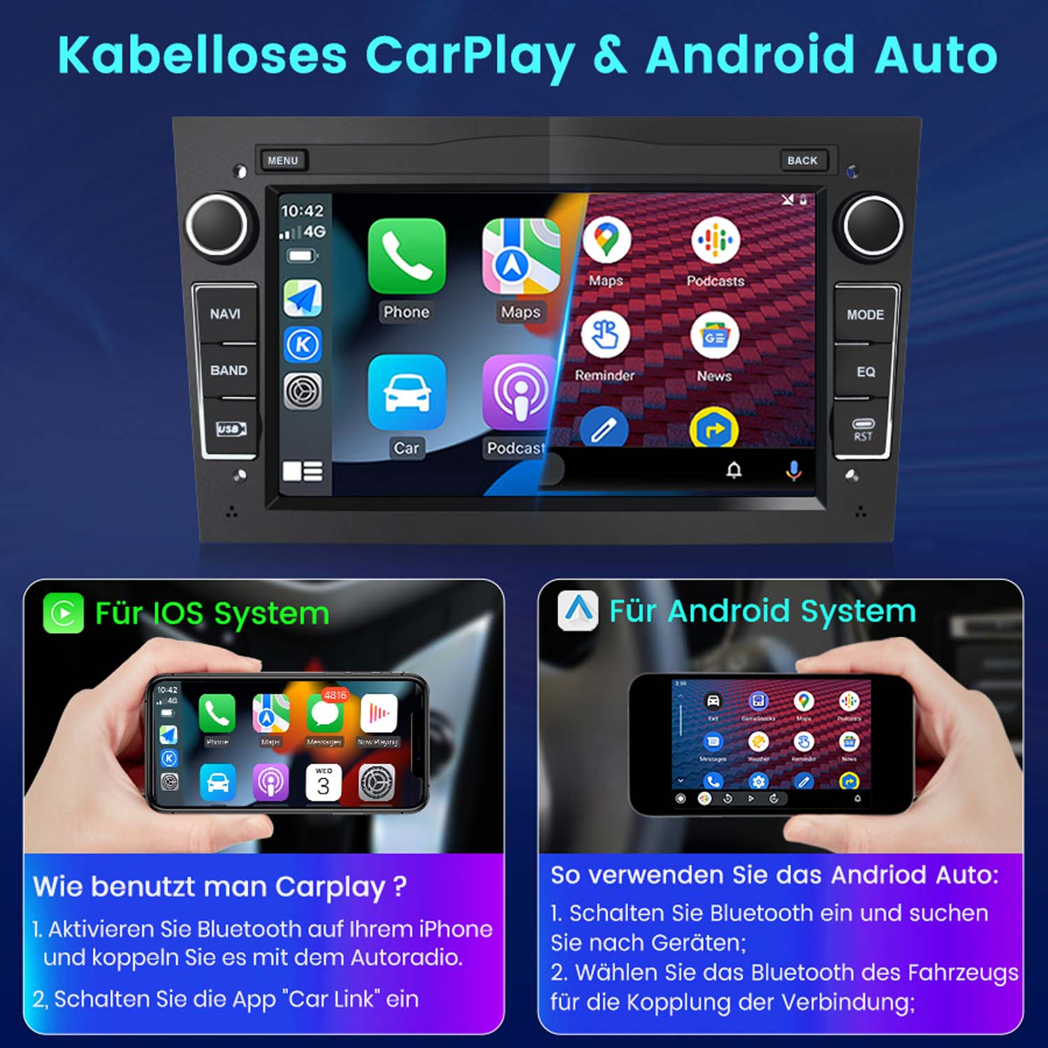 Autoradio mit Bildschirm, der Apps zeigt, Anweisungen zur Verwendung von CarPlay und Android Auto.