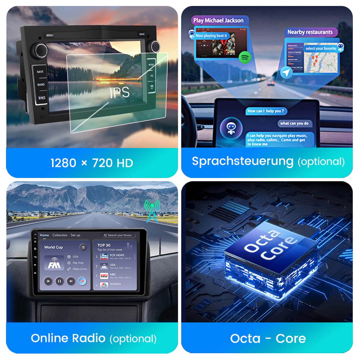 Bild zeigt eine Autoradio-Schnittstelle mit Navigation, Radio und Sprachsteuerung.