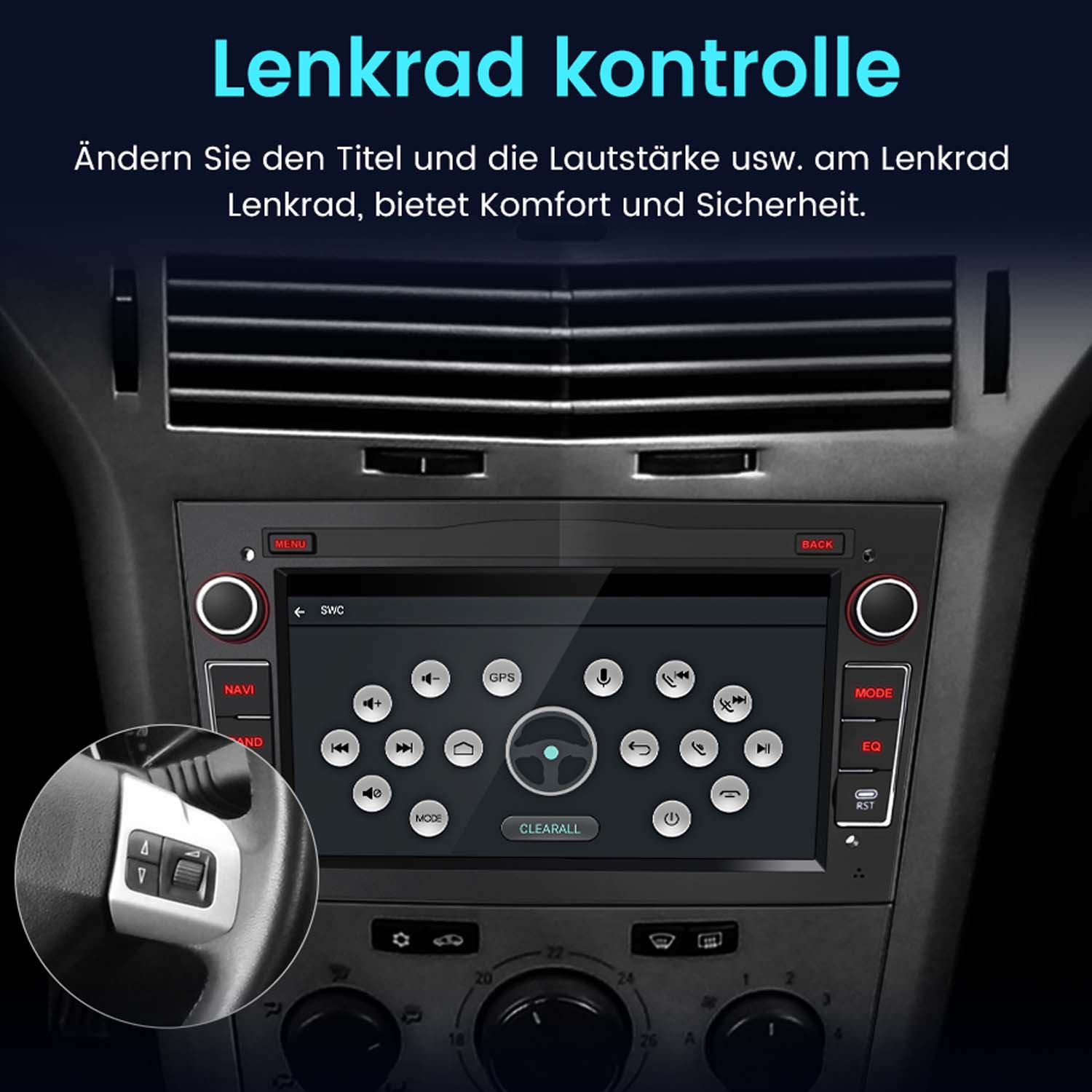 Armaturenbrett mit Bedienelementen und Lenkrad-Inset. Text auf Deutsch. Bildschirm zeigt Menüoptionen.