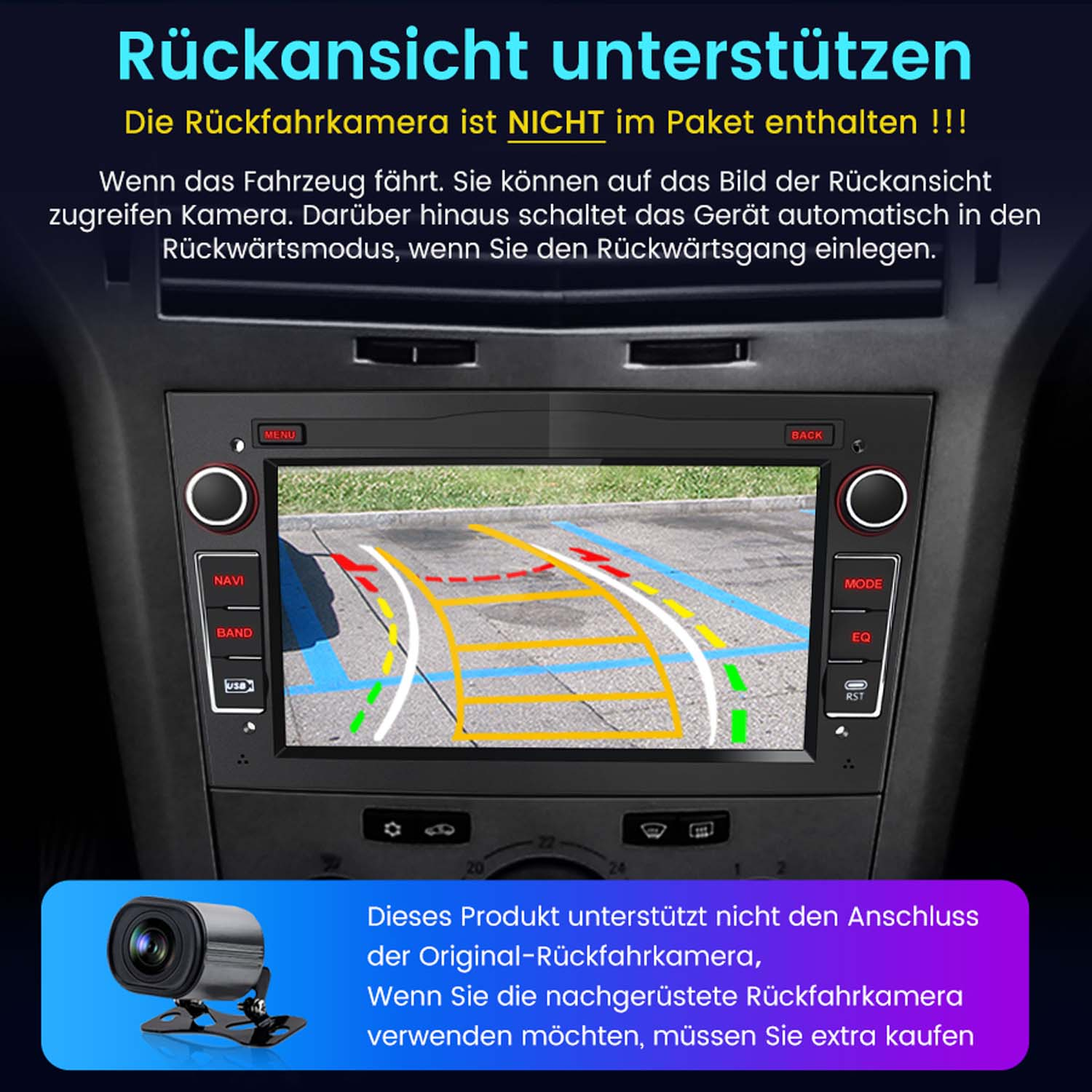 Auto-Infotainment-Systemanzeige. Zeigt eine Parkhilfe mit Tasten an der Seite.