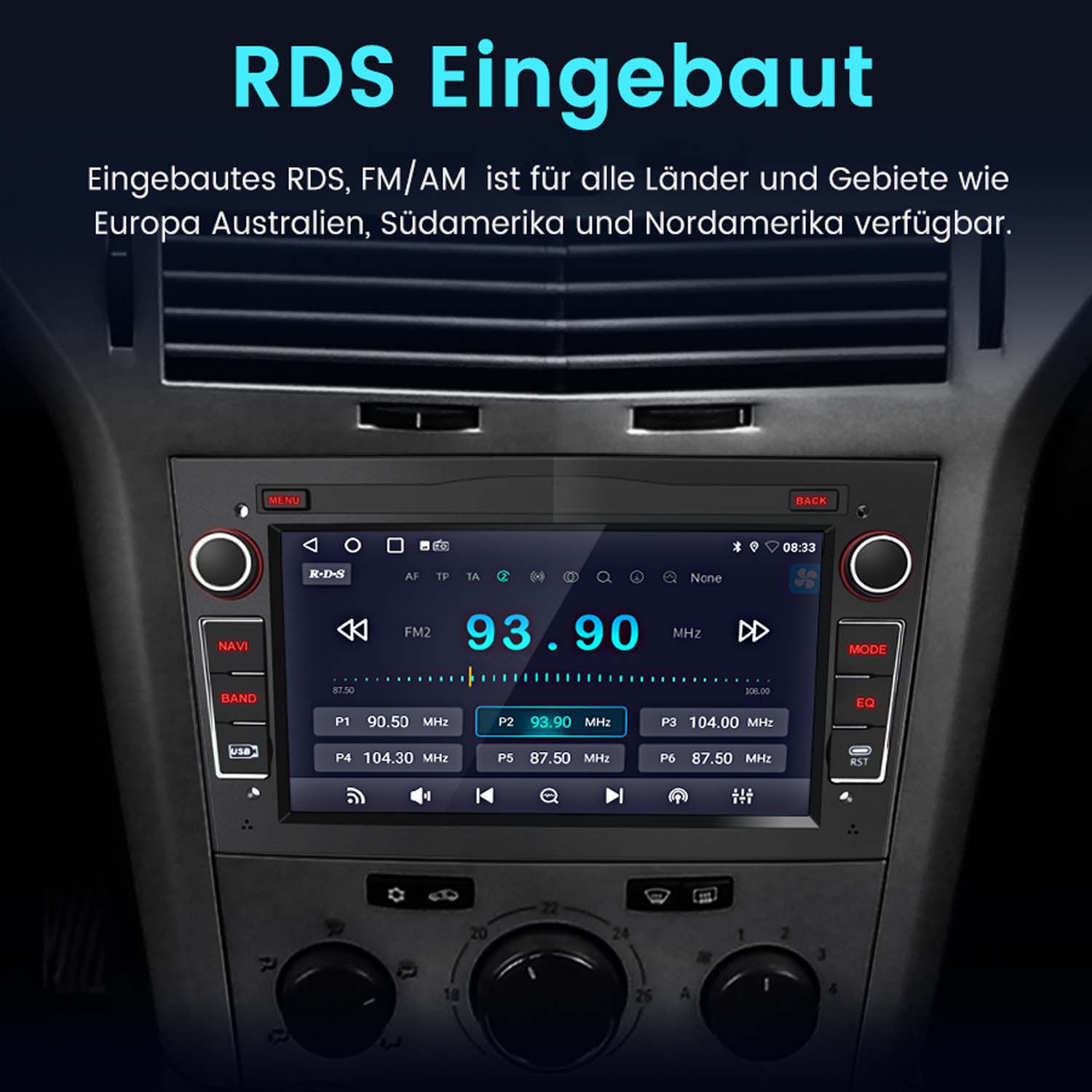 Autoradio-Oberfläche, zeigt RDS, FM/AM, Senderfrequenzen und Steuertasten.