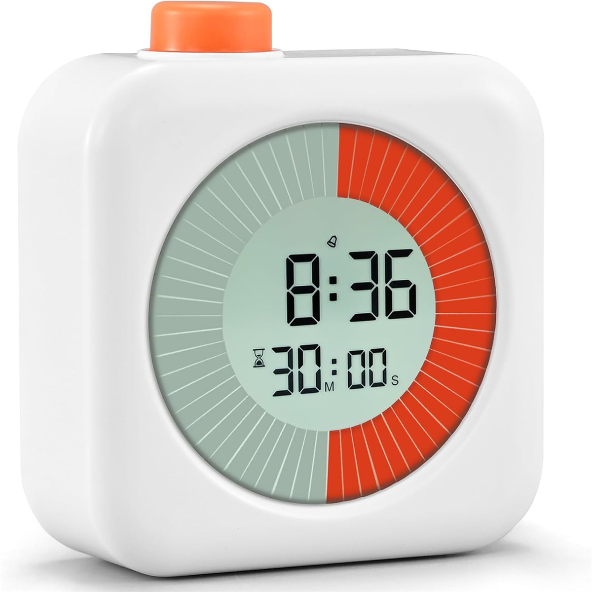 Ein weißer quadratischer Timer mit digitaler Anzeige, die Zeit und Sekunden anzeigt. Oranger oberer Knopf.