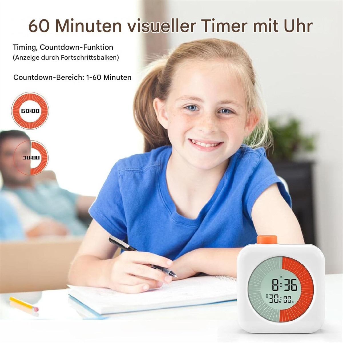 Ein Mädchen lächelt in die Kamera, während ein Timer 8:36 anzeigt. Ein Bleistift und ein Timer im Vordergrund.