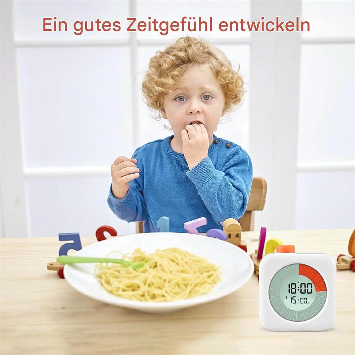 Kleinkind isst Nudeln, mit einem Timer im Vordergrund (18:00), Text: Zeitgefühl entwickeln.