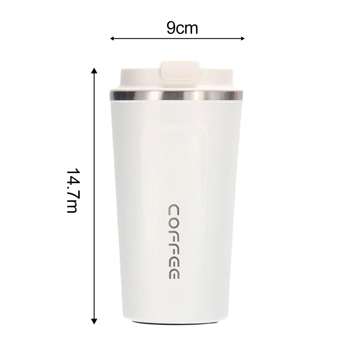 Weißer Reise-Kaffeebecher mit 'COFFEE' und Maßangaben.