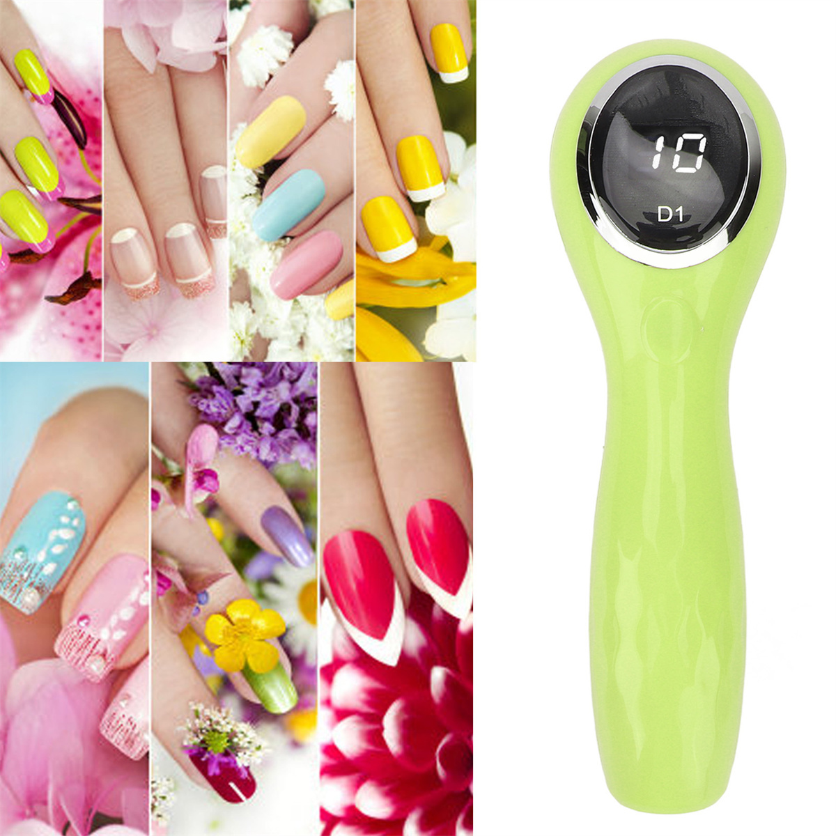 Collage von Manikürenägeln in verschiedenen Farben und Designs, plus eine grüne Nagellampe.