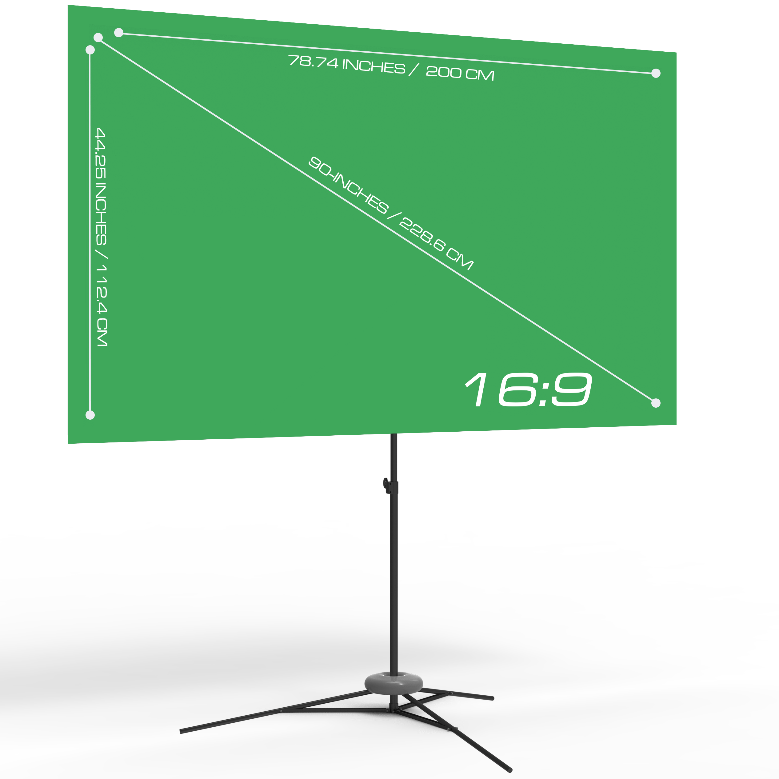Ein grüner Bildschirm auf einem Stativ mit Maßen und dem Text '16:9'.
