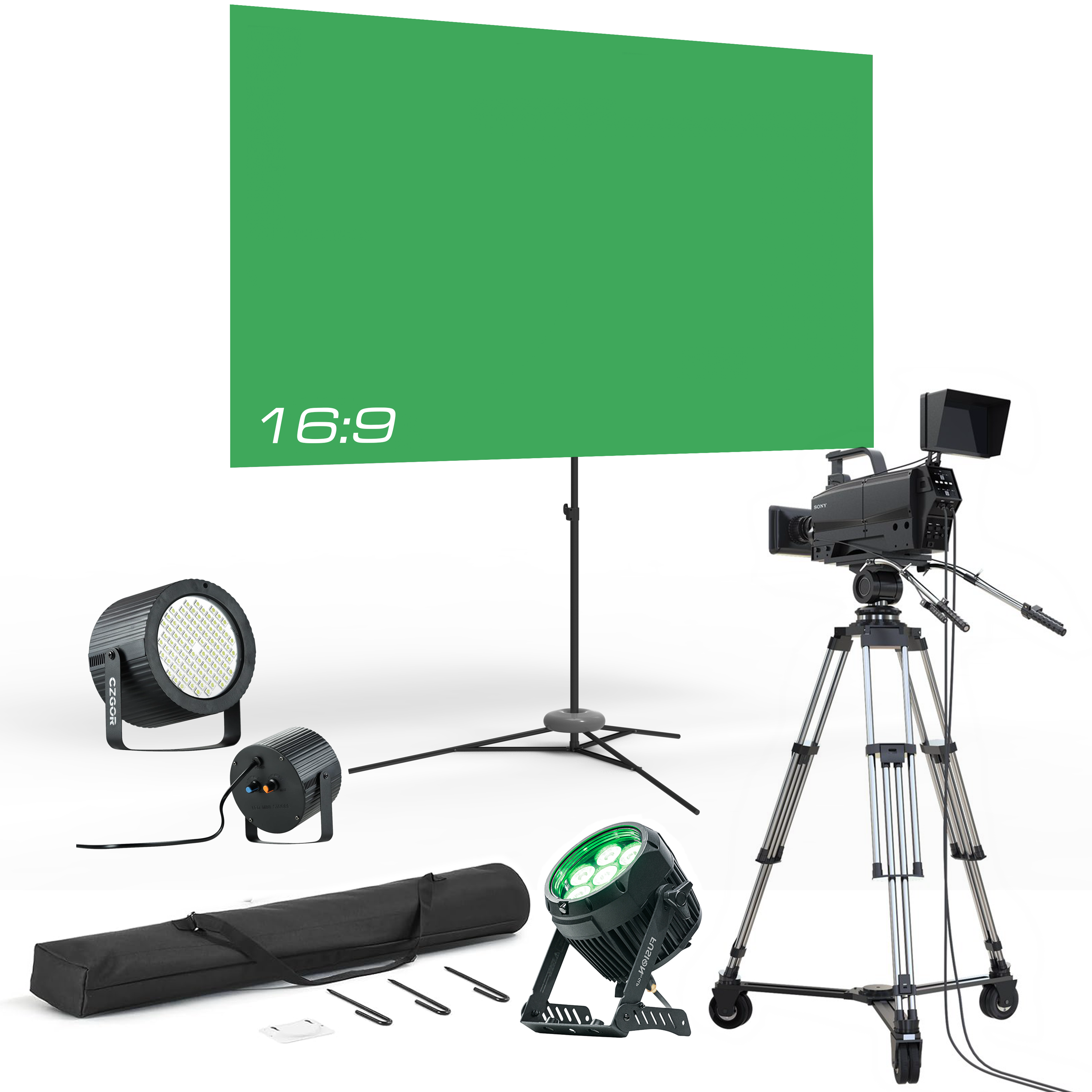 Ein Videoproduktions-Setup mit Greenscreen, Lichtern, Kamera und Stativ auf weißem Hintergrund.