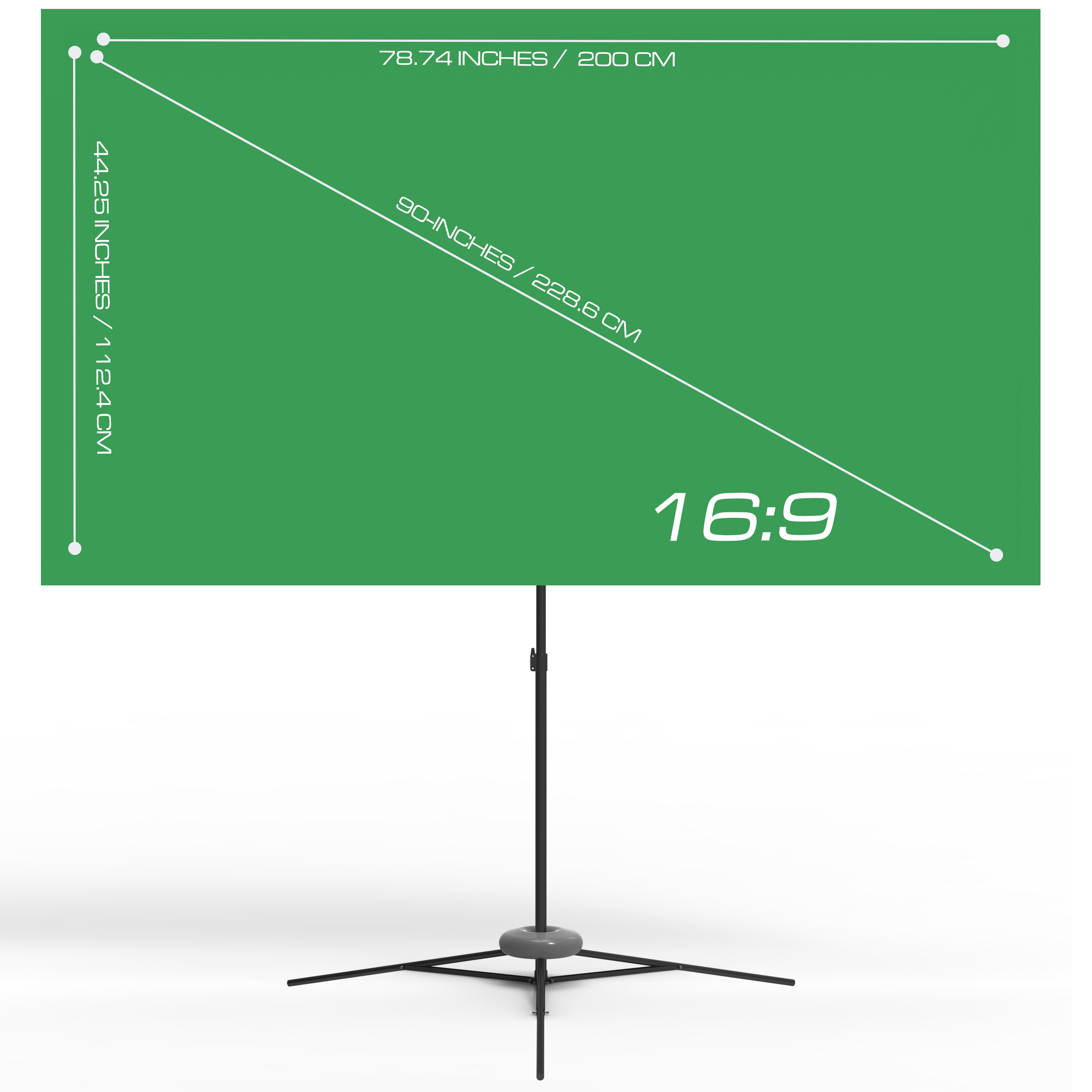 Grüne Projektionsleinwand auf einem Ständer, mit 90-Zoll- und 16:9-Maßen auf der Leinwand.