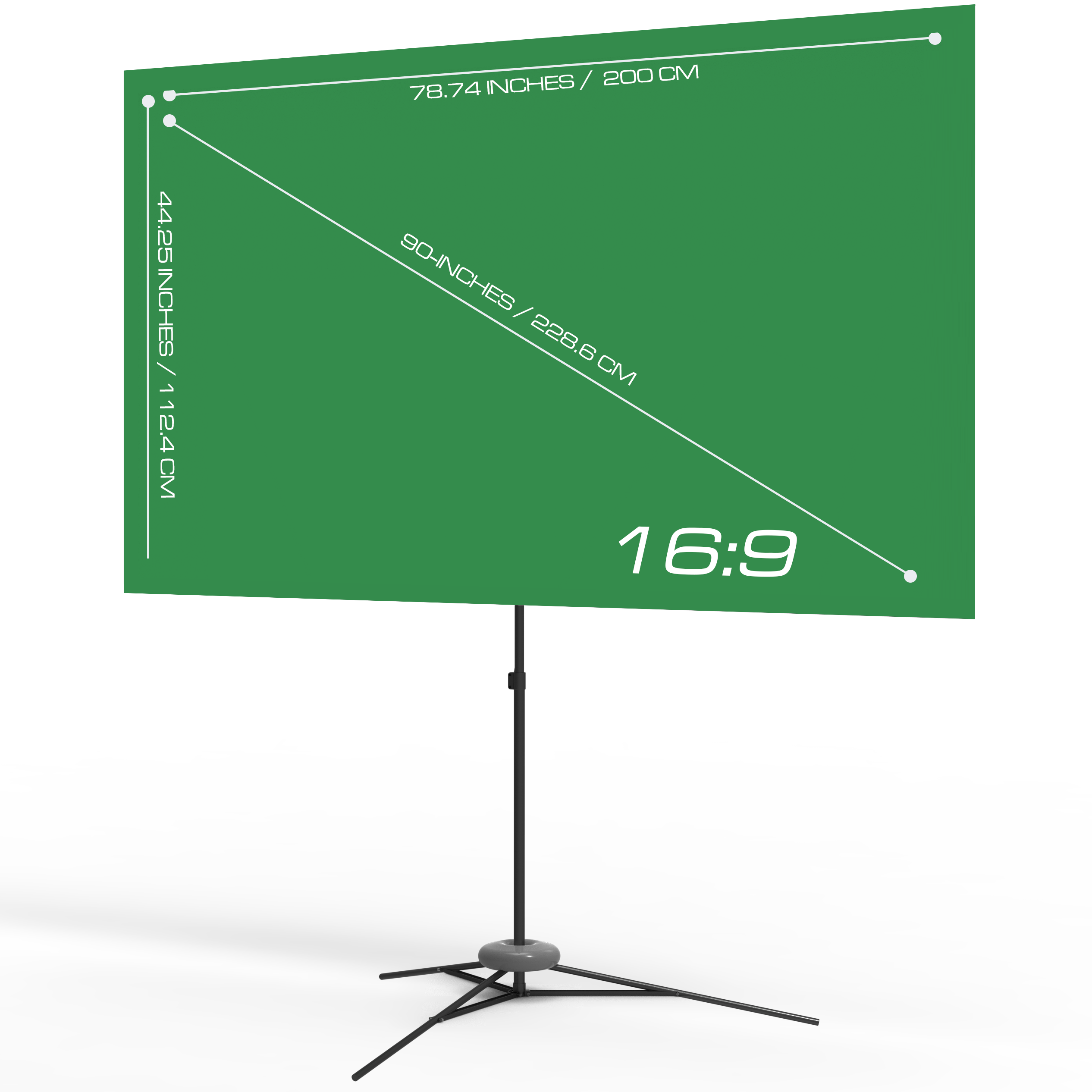 Eine grüne Projektionsleinwand auf einem Ständer mit Abmessungen und dem Seitenverhältnis 16:9.