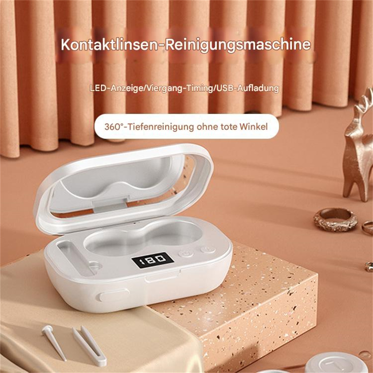 Weißes Kontaktlinsen-Reinigungsgerät mit offenem Deckel, Display mit '180' und Zubehör.