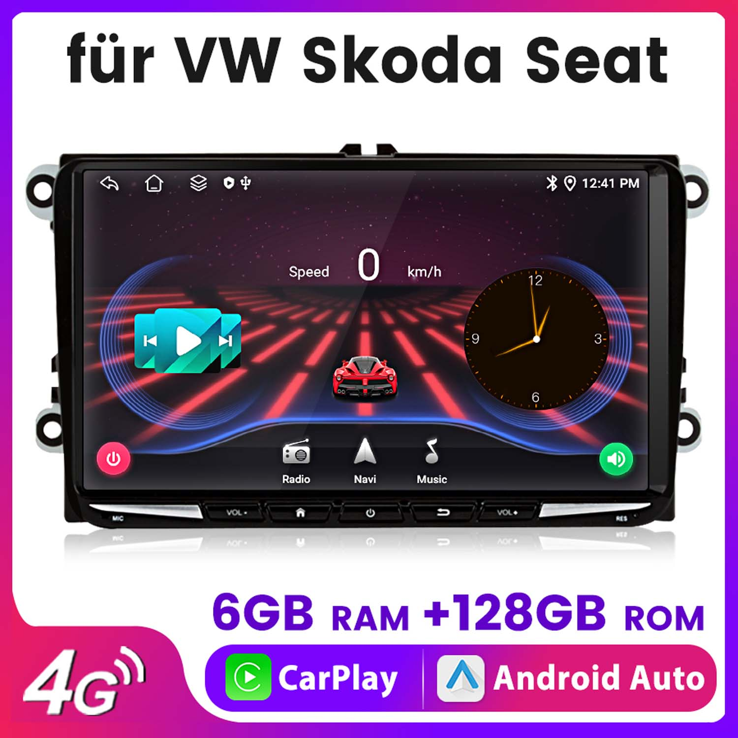 Auto-Multimedia-Bildschirm für VW Skoda Seat mit Auto, Geschwindigkeit und Uhrzeit.