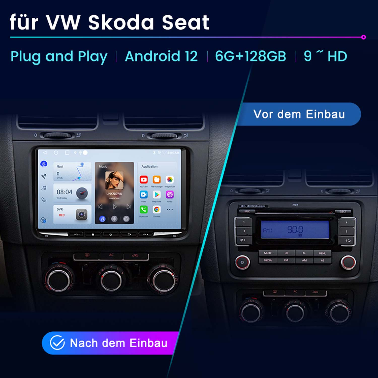 Autoradio-System, zeigt Vorher-Nachher-Installation in einem VW Skoda Seat.
