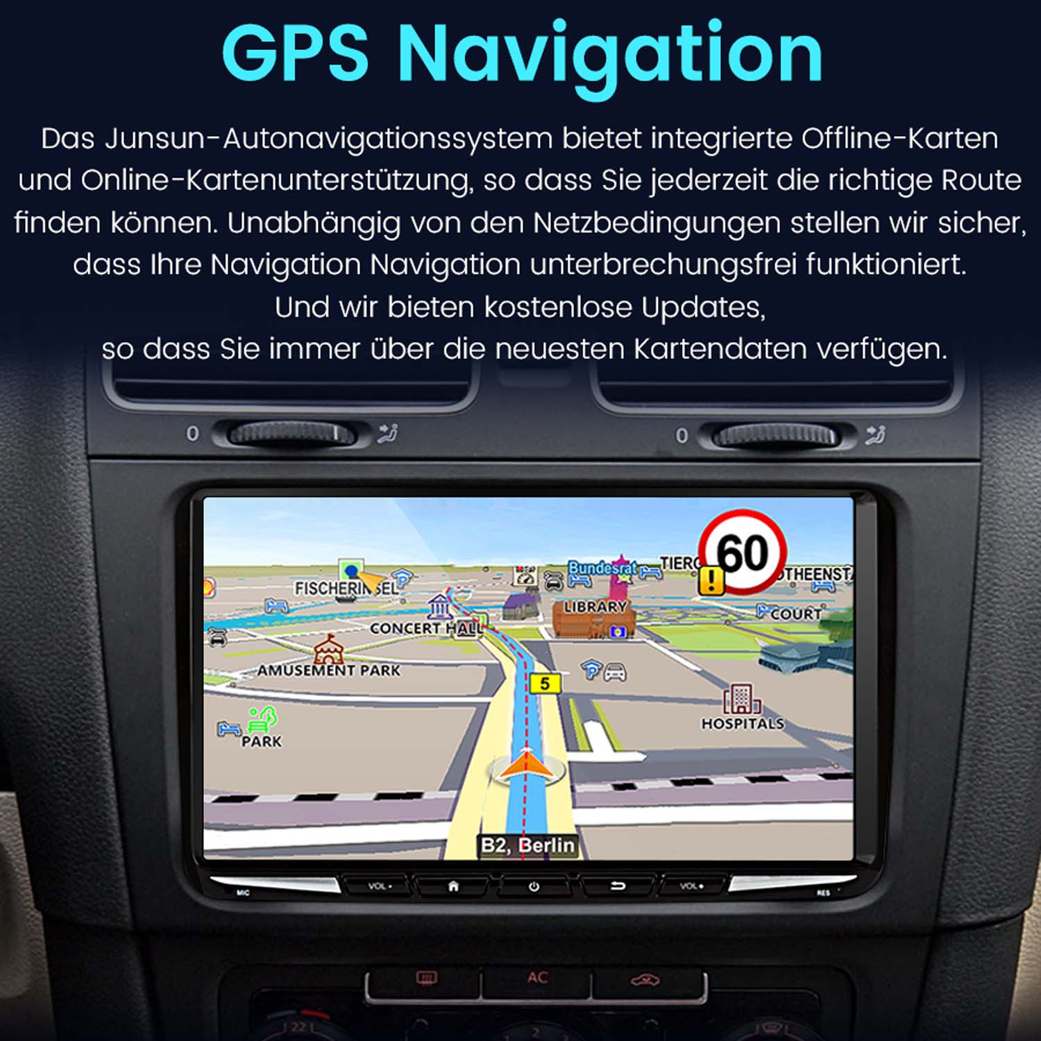 Auto-Armaturenbrett mit einem GPS-Navigationssystem, das eine Karte und Routenführung anzeigt.