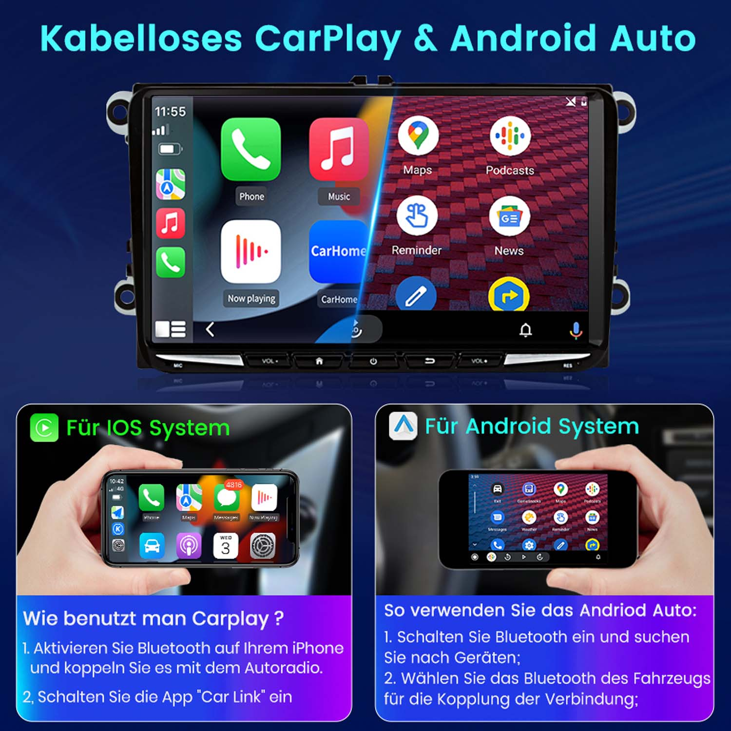 Autoradio mit Wireless CarPlay & Android Auto Info. Zeigt Telefon-Apps an. Anweisungen zur Verwendung von CarPlay und Android Auto.