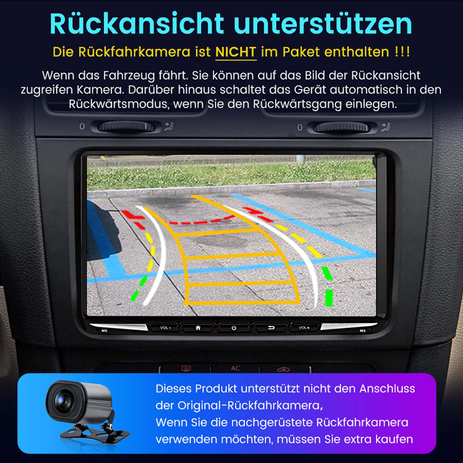 Auto-Dashboard-Bildschirm mit Ansicht einer Rückfahrkamera. Eine Kamera wird unten gezeigt.