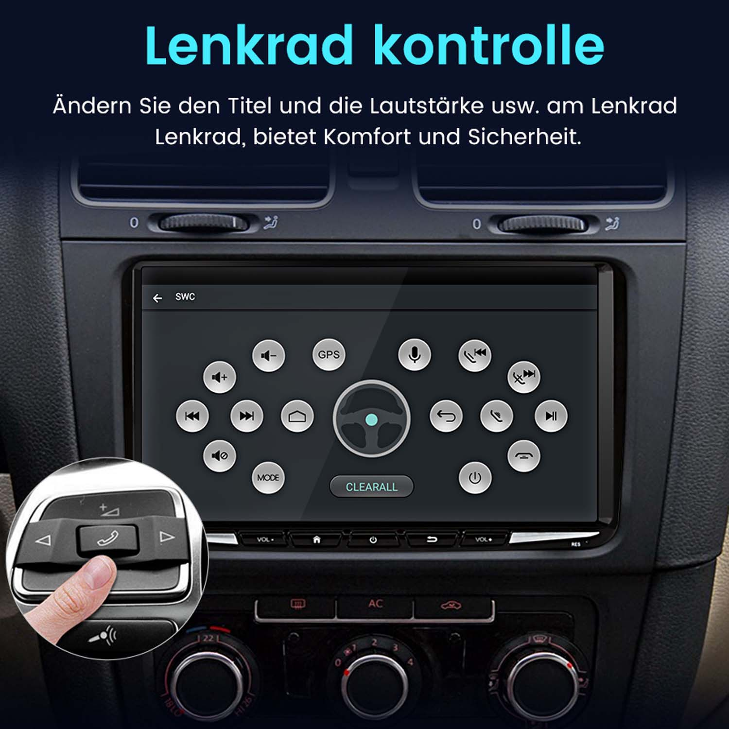 Autoradiobedienelemente, mit einer Hand, die die Lenkradtaste in einem Auto drückt.