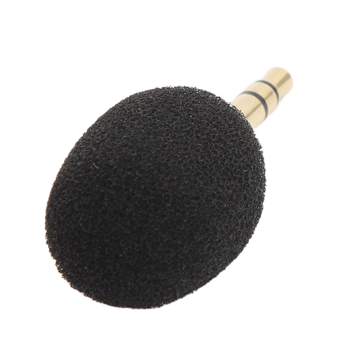 Ein kleines schwarzes Mikrofon mit Schaumstoffabdeckung, verbunden mit einem goldfarbenen 3,5-mm-Klinkenstecker.