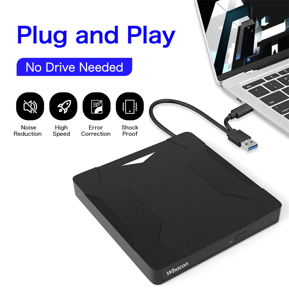 Eine schwarze externe Festplatte, die über ein USB-Kabel mit einem Laptop verbunden ist, Plug and Play.