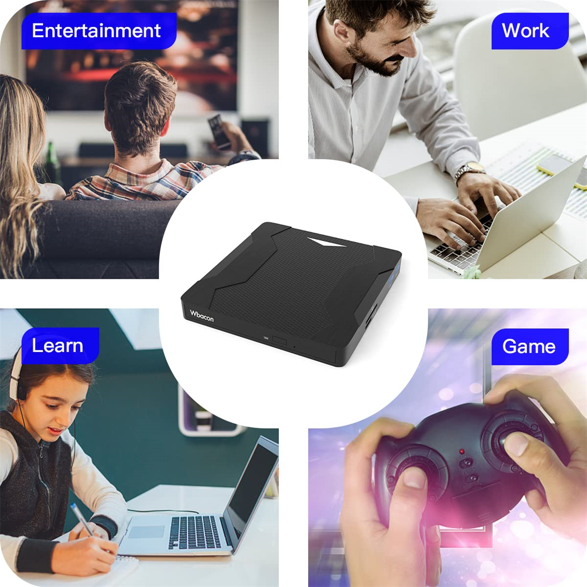 Ein schwarzes Gerät, umgeben von Bildern, die Menschen beim Fernsehen, Arbeiten, Lernen und Spielen zeigen.
