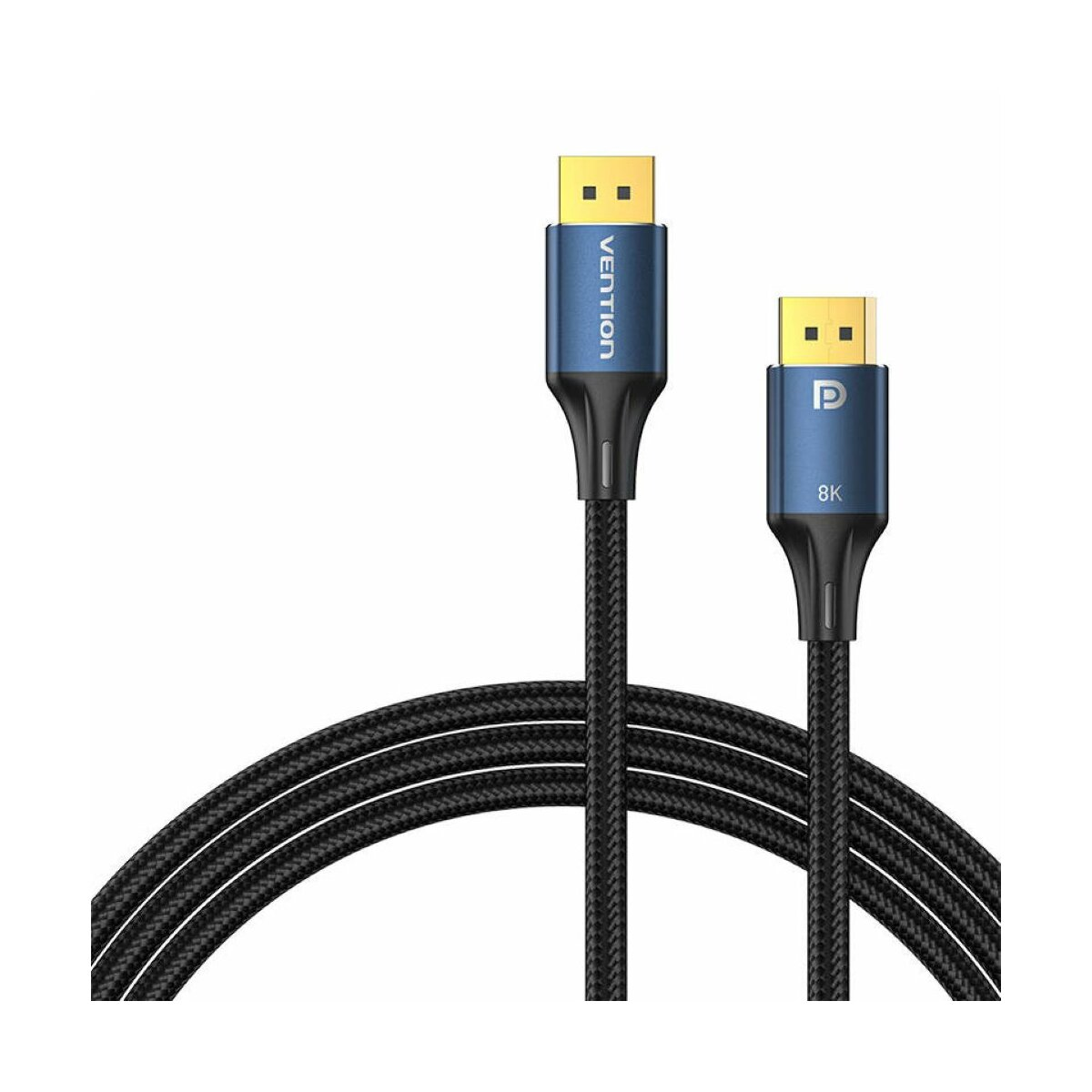 Zwei schwarze DisplayPort-Kabel. Eines hat ein blaues Vention-Etikett, das andere ein blaues DP 8K-Etikett.