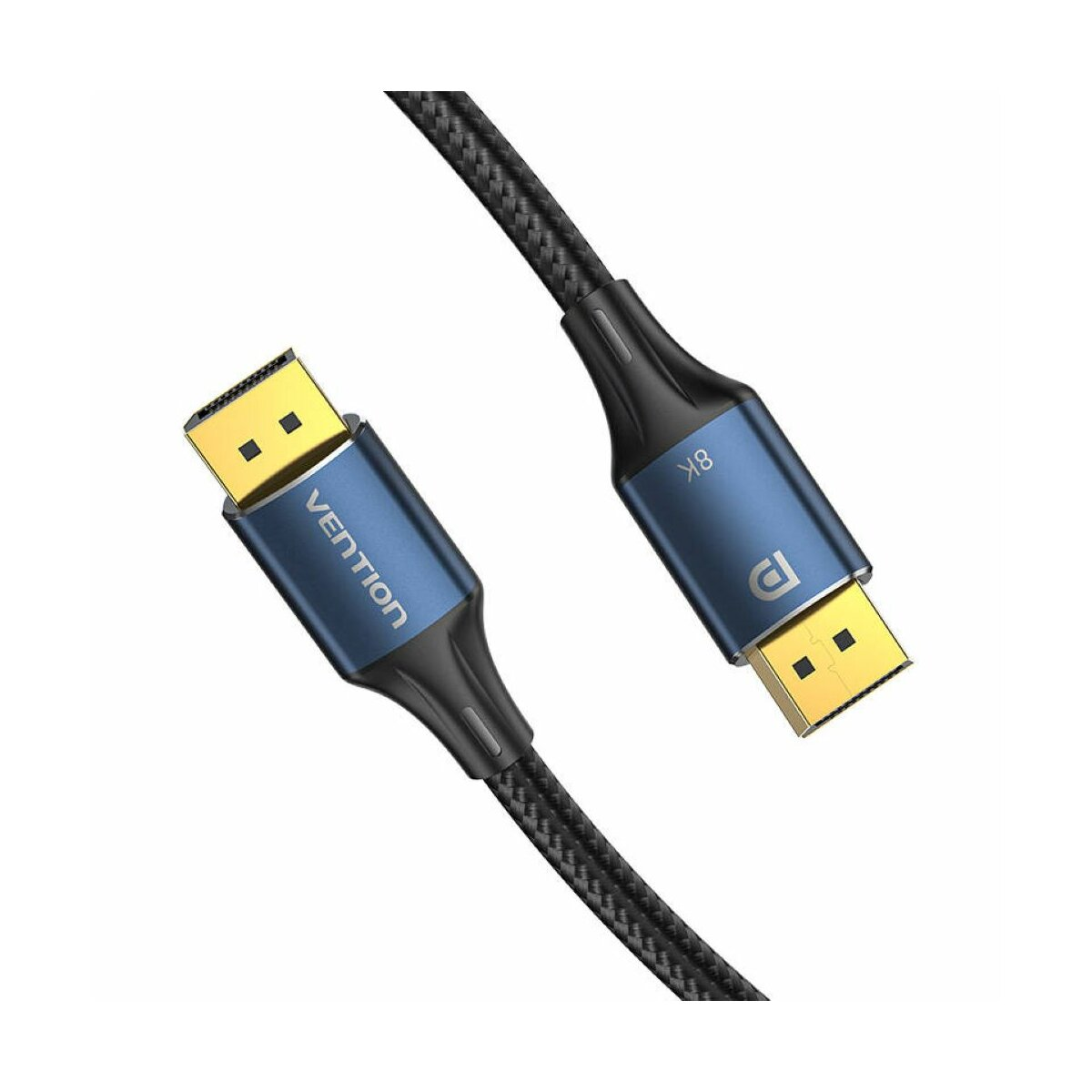 Schwarzes und blaues HDMI-Kabel. Blauer Stecker mit 'Vention'-Text. Geflochtenes schwarzes Kabel.