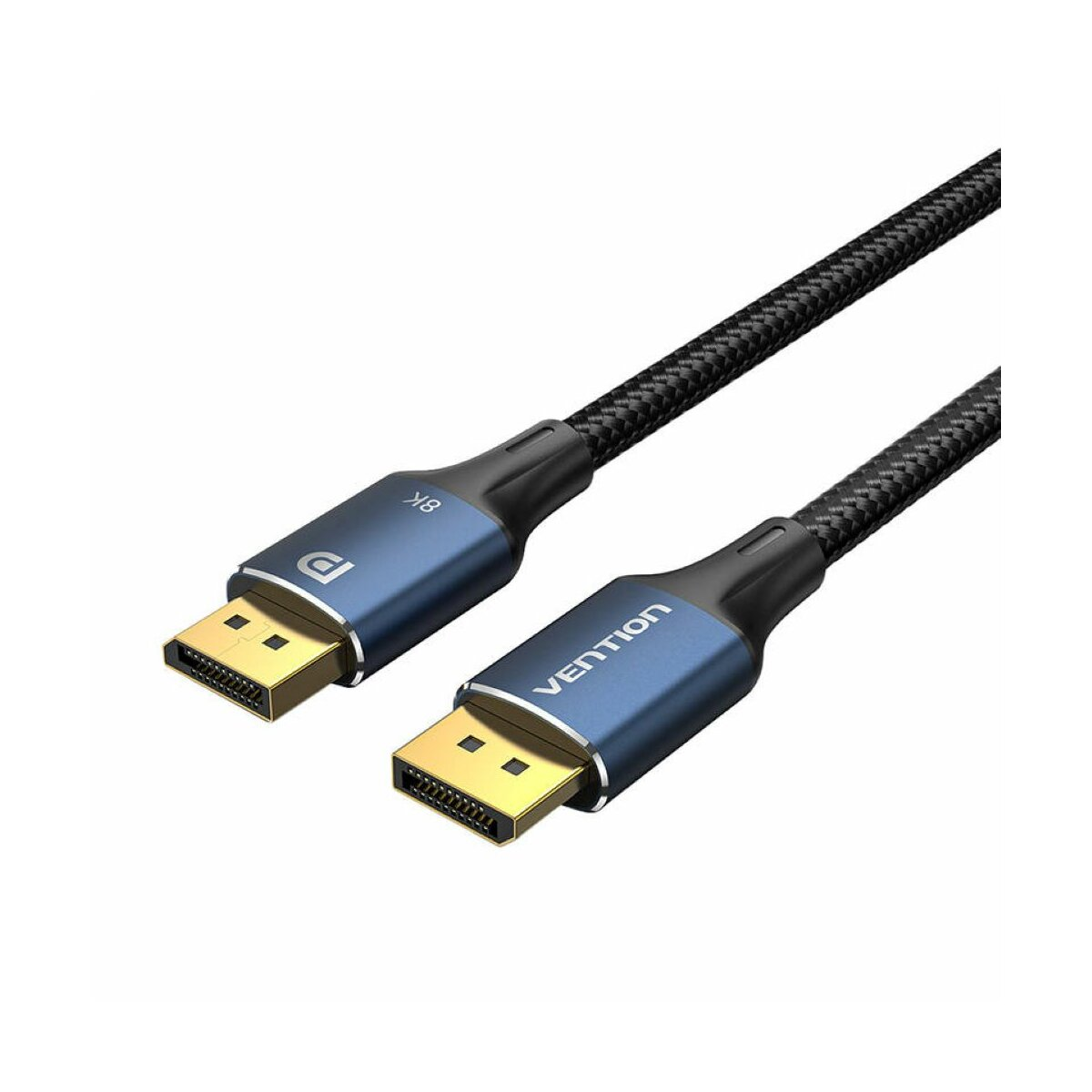 Schwarzes und blaues DisplayPort-Kabel mit goldenen Steckern, abgewinkelt auf weißem Hintergrund.