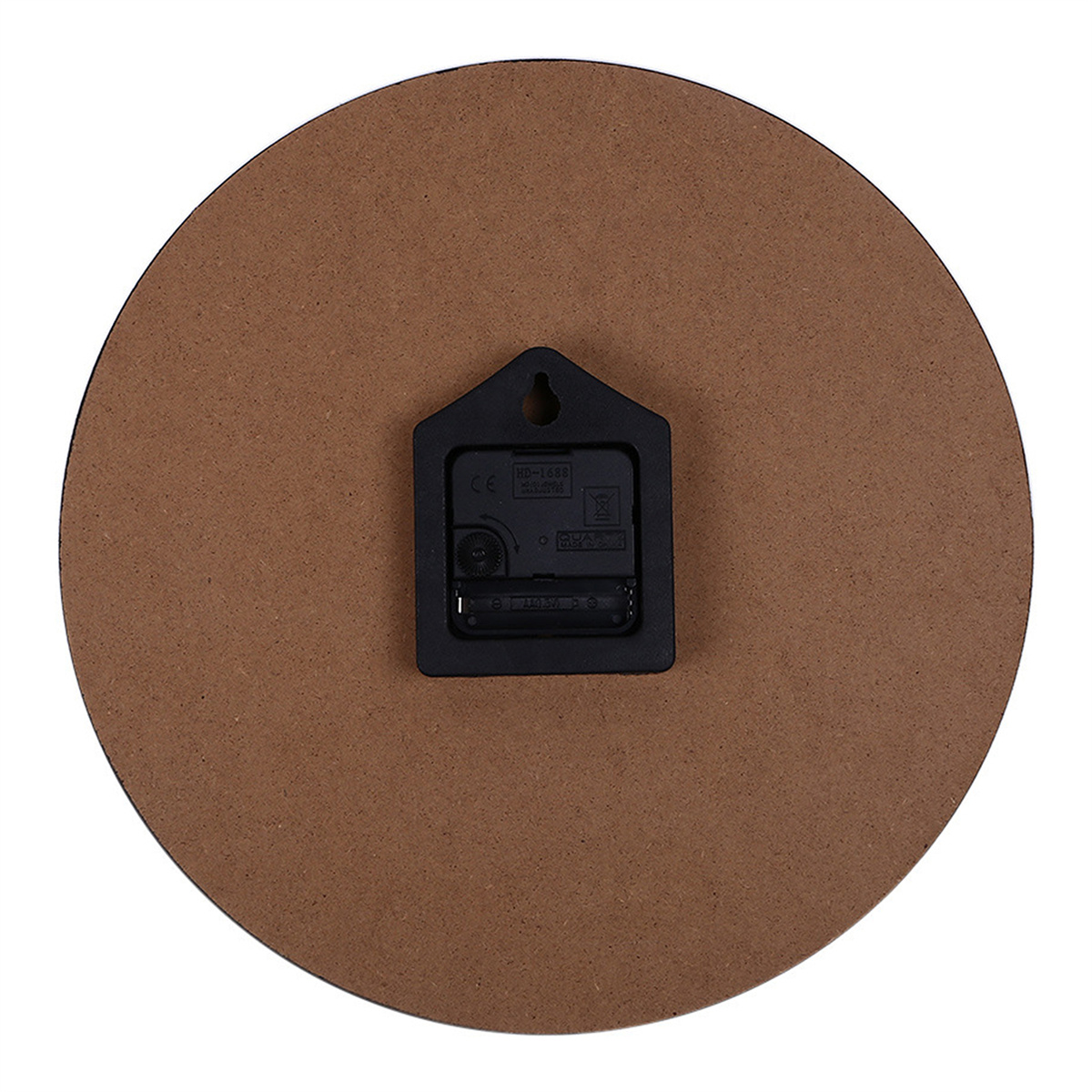 Rückseite der Uhr, brauner Kreis, schwarzes Quadrat mit Uhrwerk.